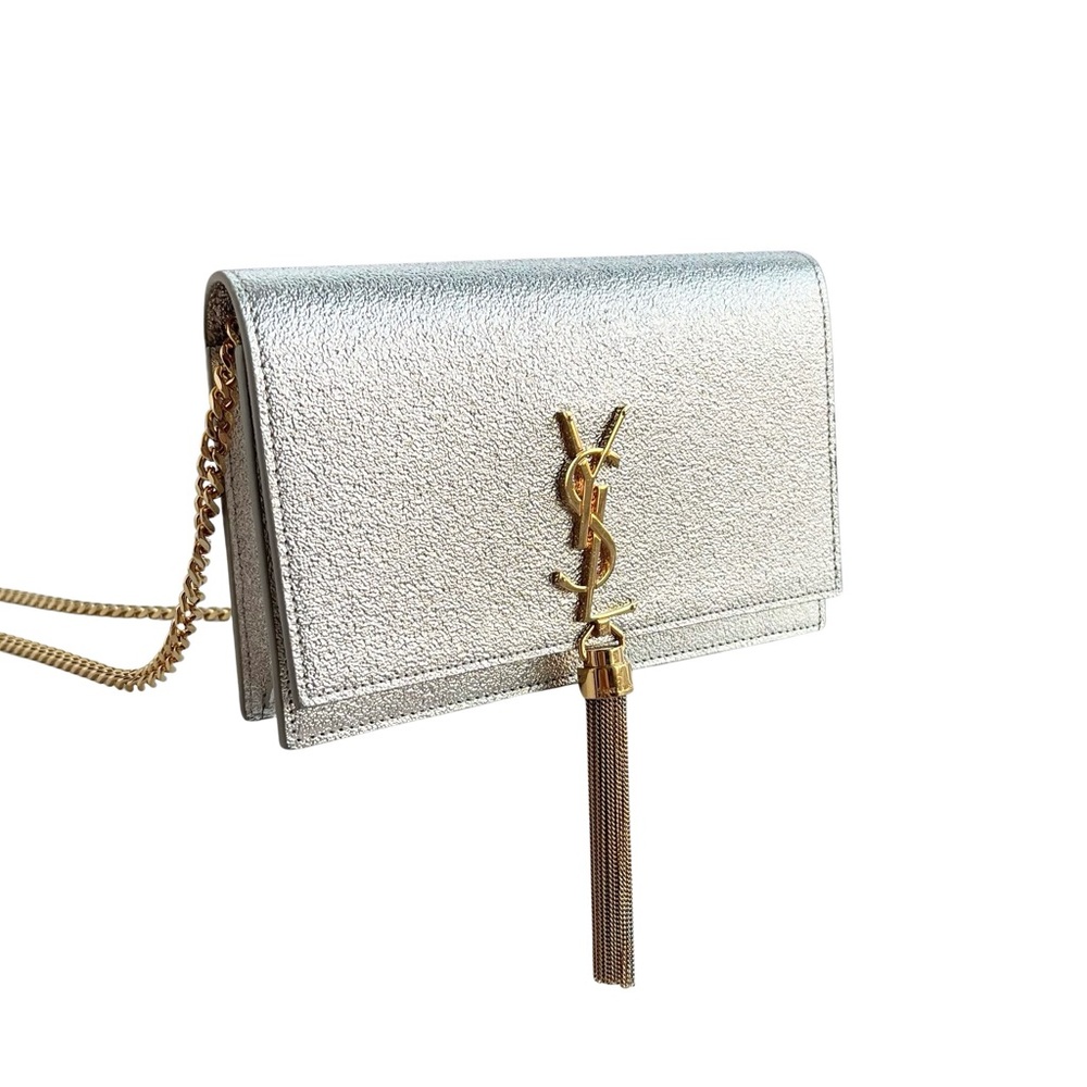 Saint Laurent Metallic Calfskin Kate Monogram Tassel Chain Wallet